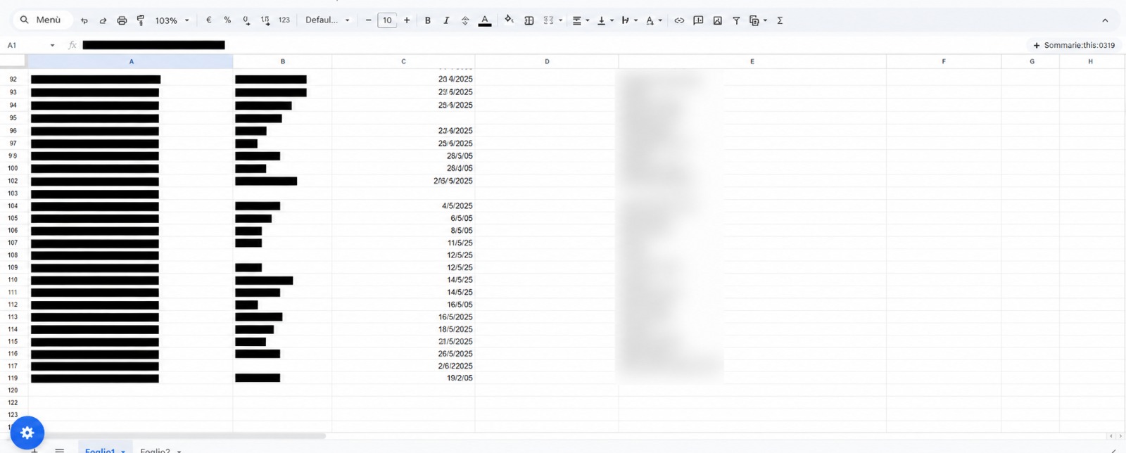 Foglio lead generati FlowUp con dati anonimizzati